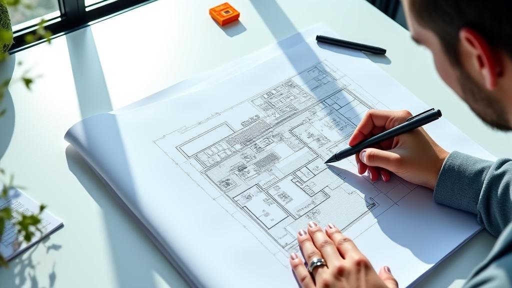 Architectural blueprint with a hand pointing to details, representing detailed planning and agreement.